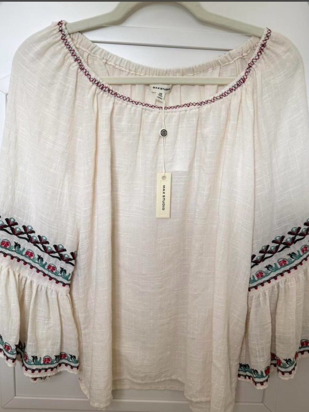 NWT! Max Studio Cream Embroidered Peasant Tunic with Trim